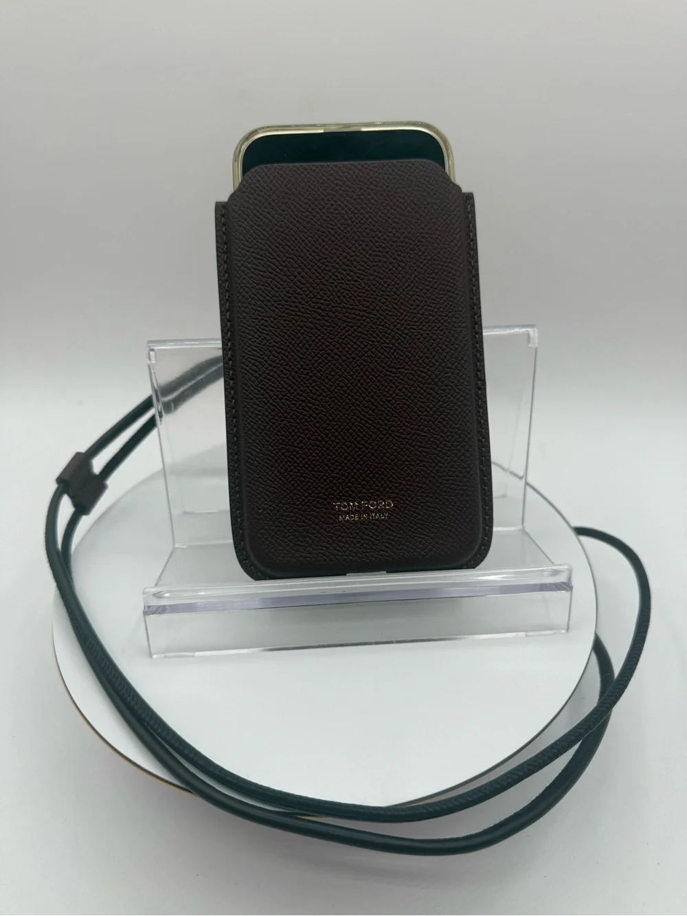 Tom Ford Burgundy Leather Phone Pouch with Black Strap